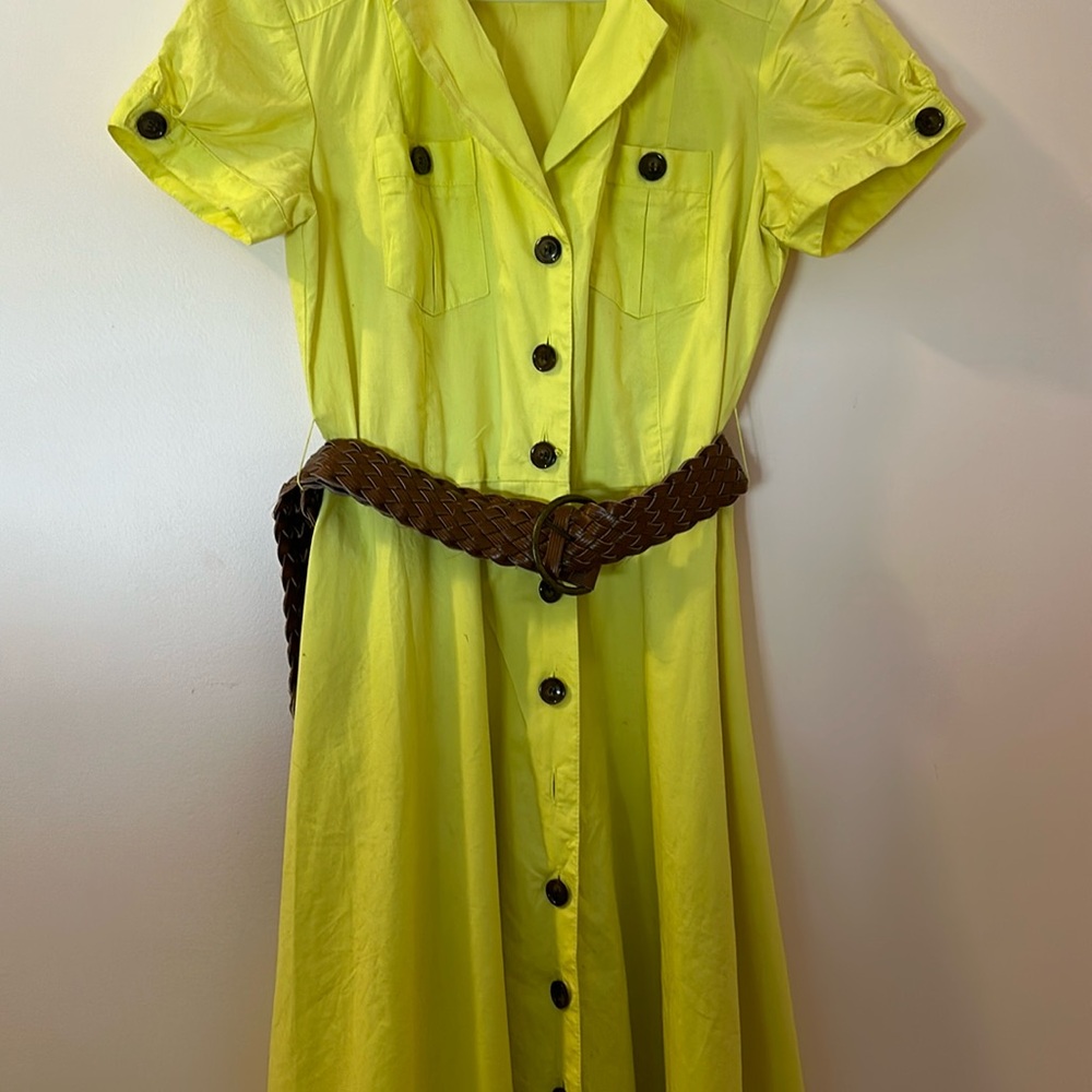 Bright Yellow casual R&K originals summer dress button up with belt loops.